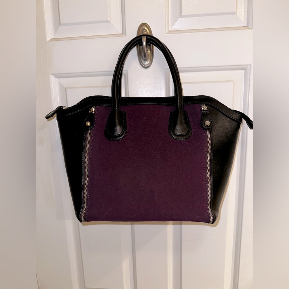 New York & Co black & purple/ eggplant colorblock satchel with zipper details